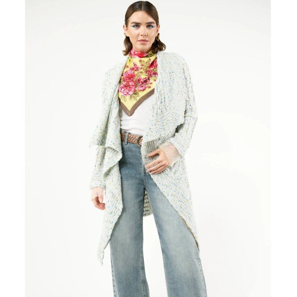 Aratta Silent Journey M Fontvielle Shawl Sweater Open Front Draped Cardigan Lace